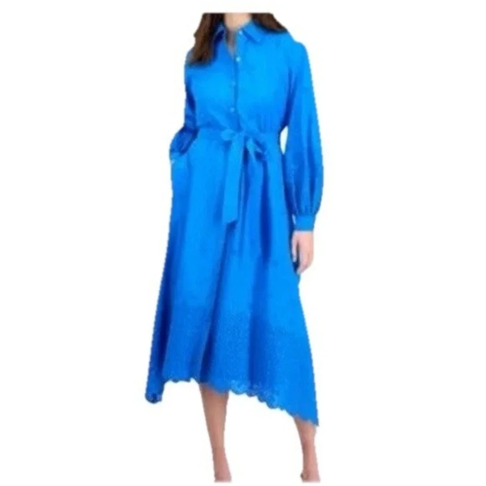 NWT Julia Jordan Women's Sz XL Long-Sleeve Layered Cotton Eyelet Midi Dress Blue